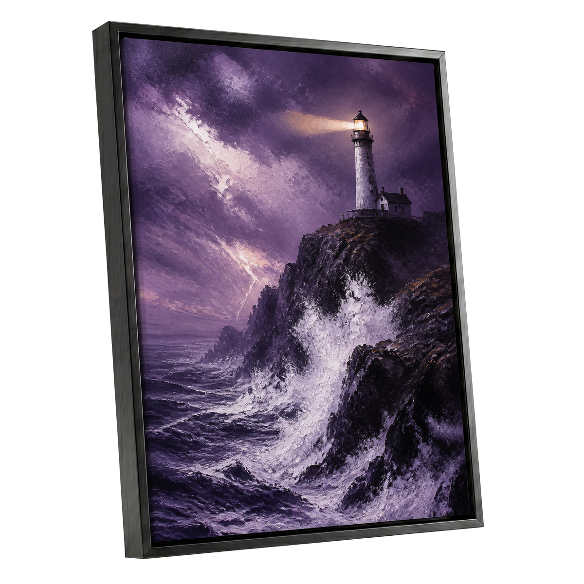 Beacon in the Violet Storm, purple, black, white nature wall art shown as a black framed canvas wall art