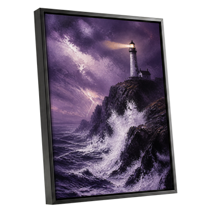 Beacon in the Violet Storm, purple, black, white nature wall art shown as a black framed canvas wall art