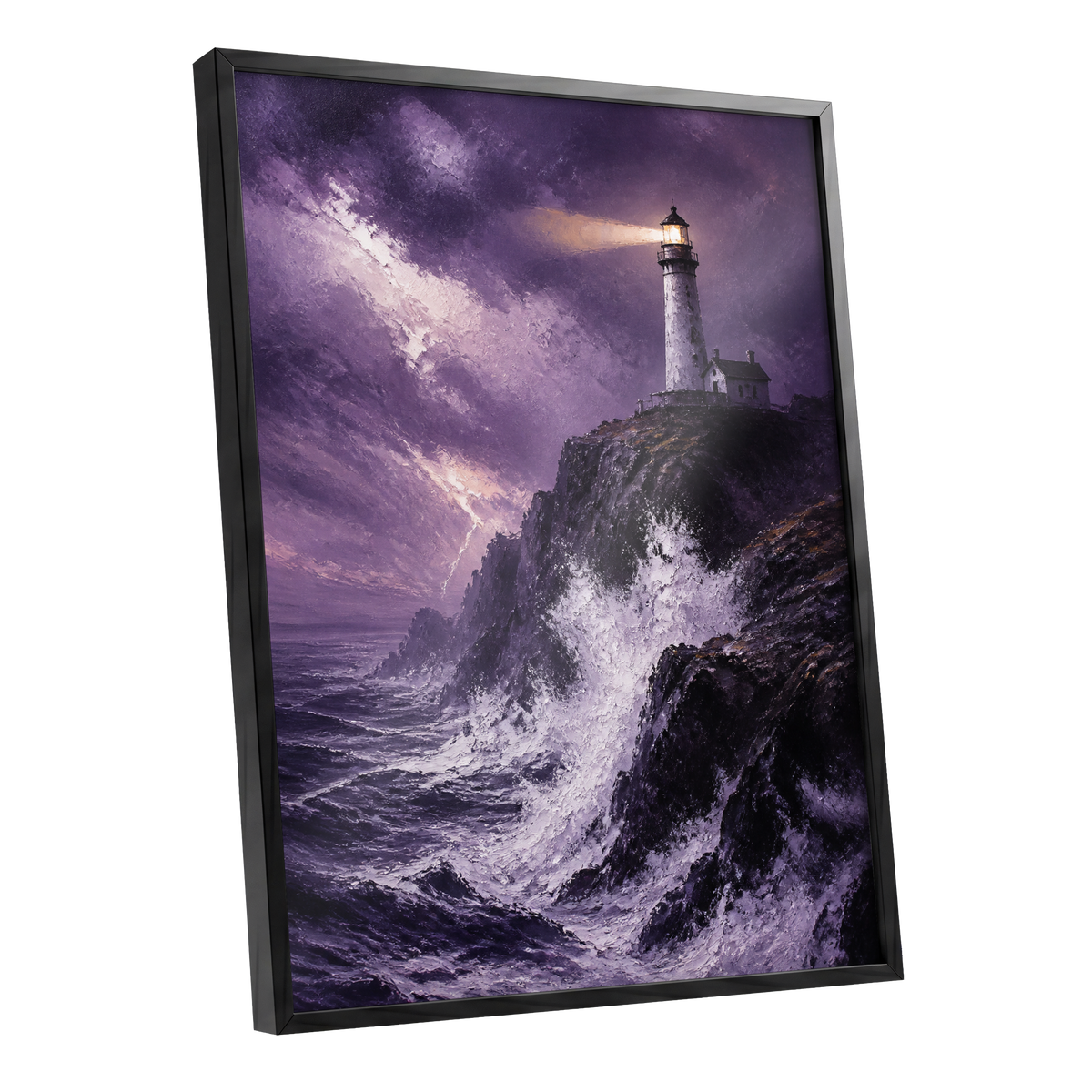 Beacon in the Violet Storm, purple, black, white nature wall art shown as a black framed poster wall art print