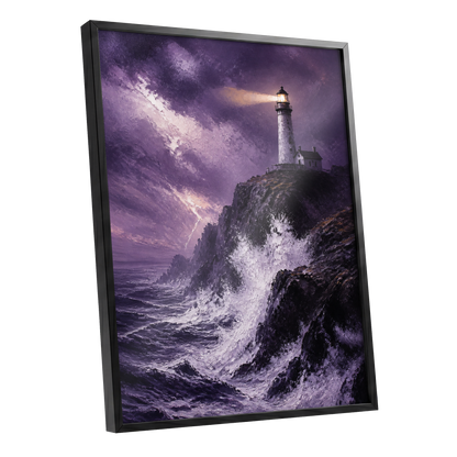 Beacon in the Violet Storm, purple, black, white nature wall art shown as a black framed poster wall art print