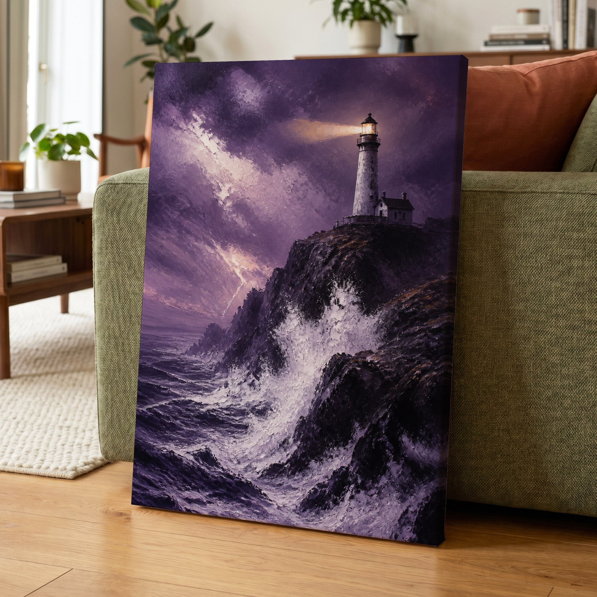 Beacon in the Violet Storm, purple, black, white nature wall art on canvas displayed in a styled interior, gallery view 1