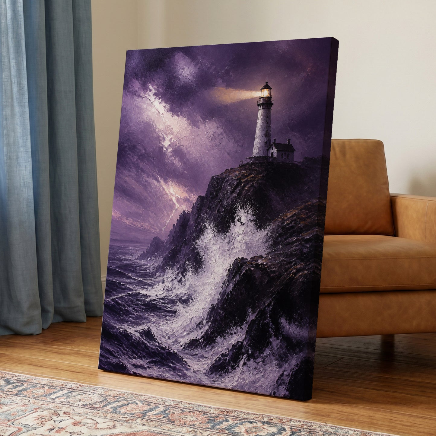 Beacon in the Violet Storm, purple, black, white nature wall art on canvas displayed in a styled interior, gallery view 2