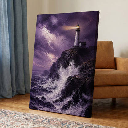 Beacon in the Violet Storm, purple, black, white nature wall art on canvas displayed in a styled interior, gallery view 2