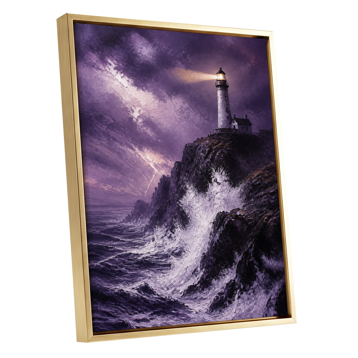 Beacon in the Violet Storm, purple, black, white nature wall art shown as a gold framed canvas wall art