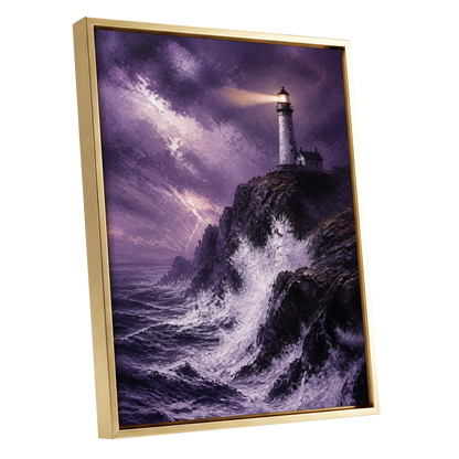 Beacon in the Violet Storm, purple, black, white nature wall art shown as a gold framed canvas wall art