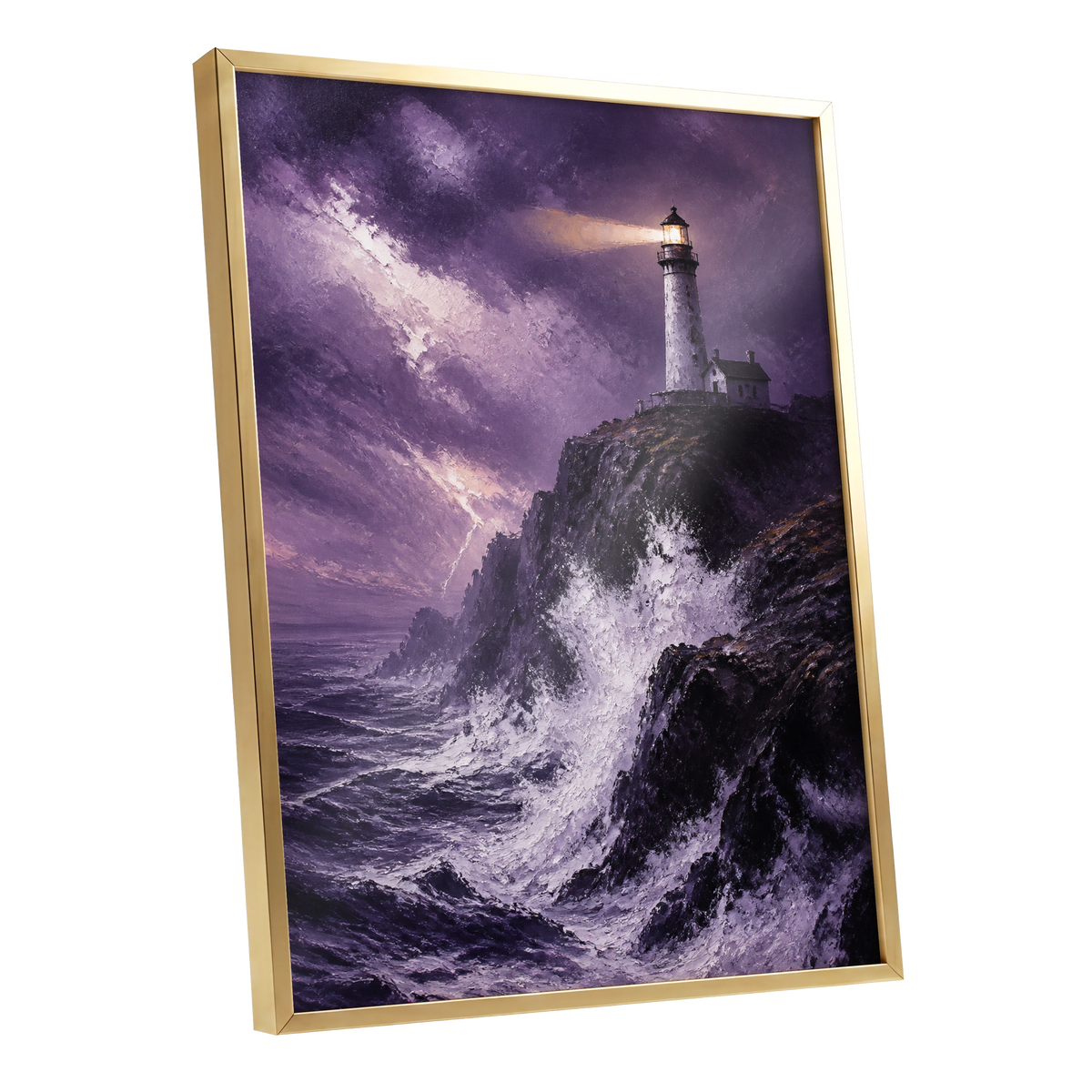 Beacon in the Violet Storm, purple, black, white nature wall art shown as a gold framed poster wall art print