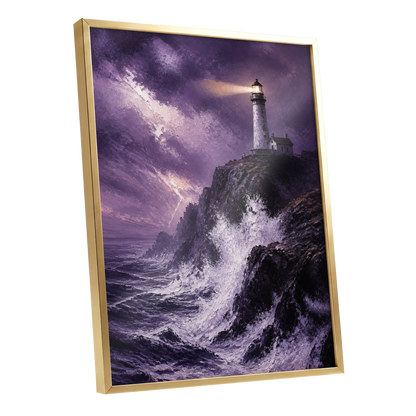 Beacon in the Violet Storm, purple, black, white nature wall art shown as a gold framed poster wall art print
