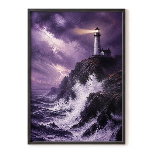 Beacon in the Violet Storm, purple, black, white nature wall art, front artwork view