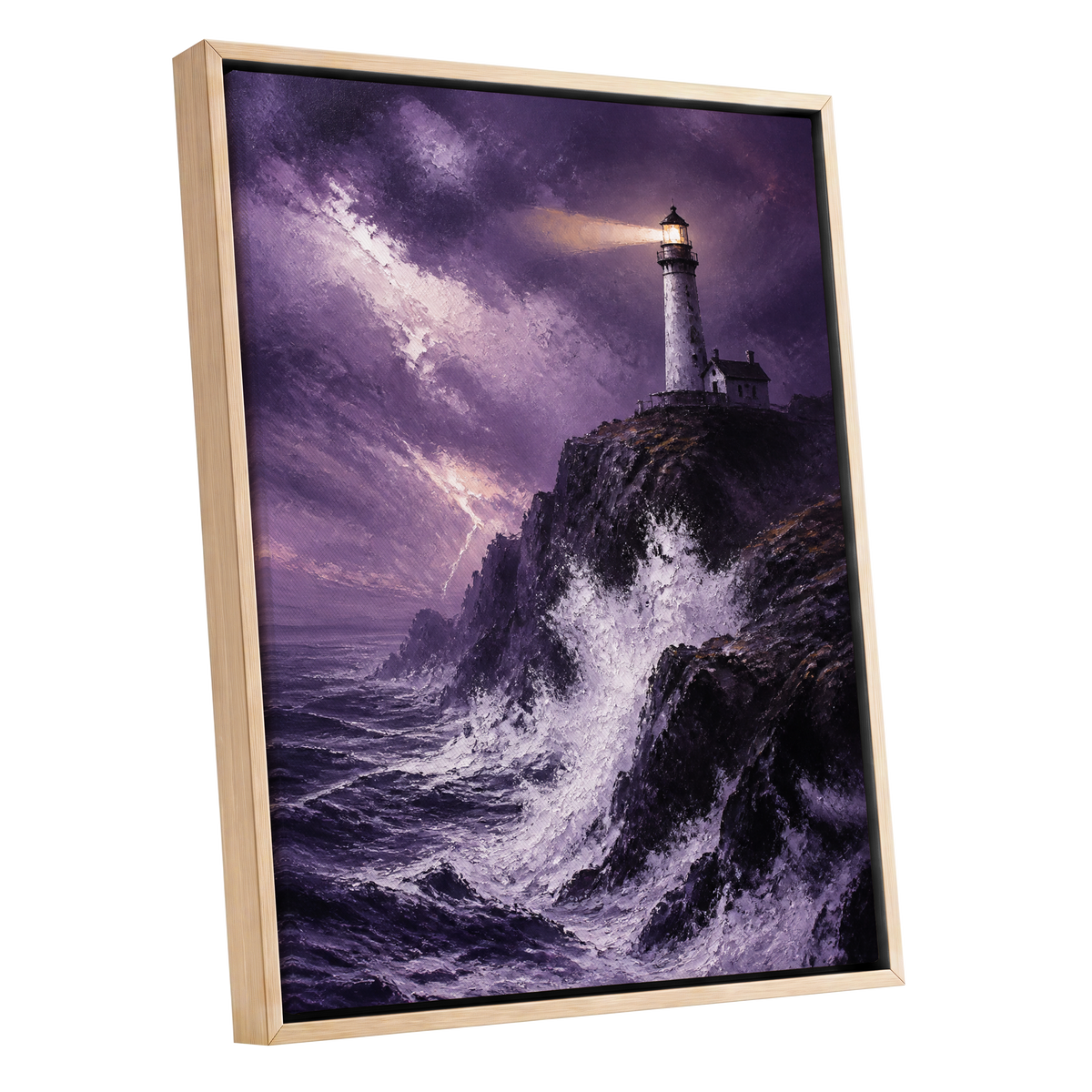 Beacon in the Violet Storm, purple, black, white nature wall art shown as a oak framed canvas wall art