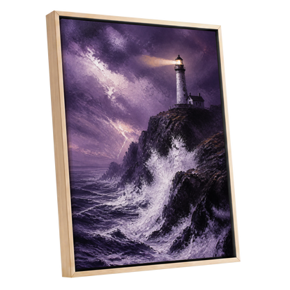 Beacon in the Violet Storm, purple, black, white nature wall art shown as a oak framed canvas wall art