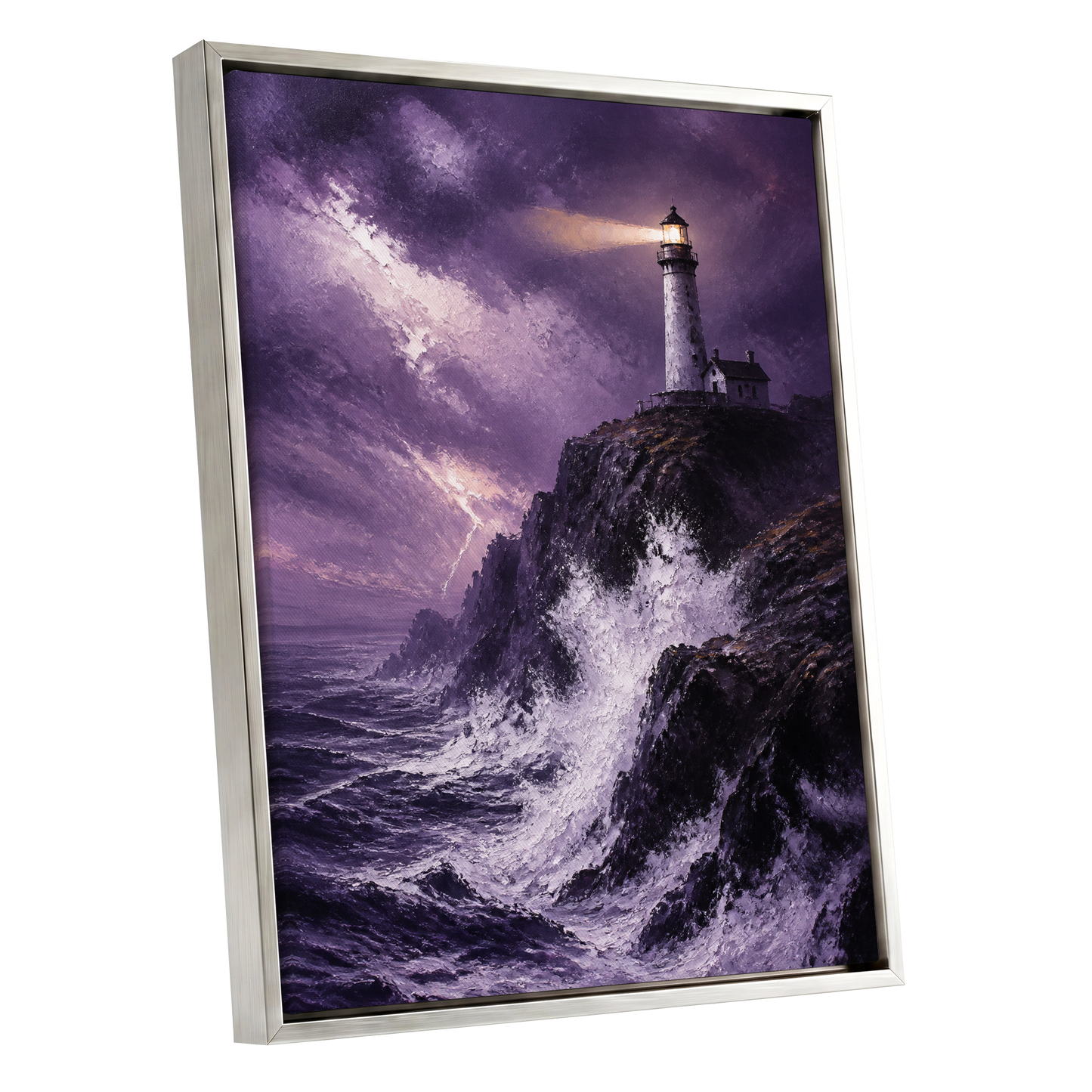 Beacon in the Violet Storm, purple, black, white nature wall art shown as a silver framed canvas wall art