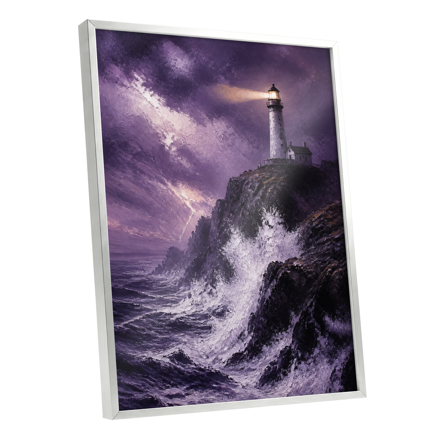 Beacon in the Violet Storm, purple, black, white nature wall art shown as a silver framed poster wall art print