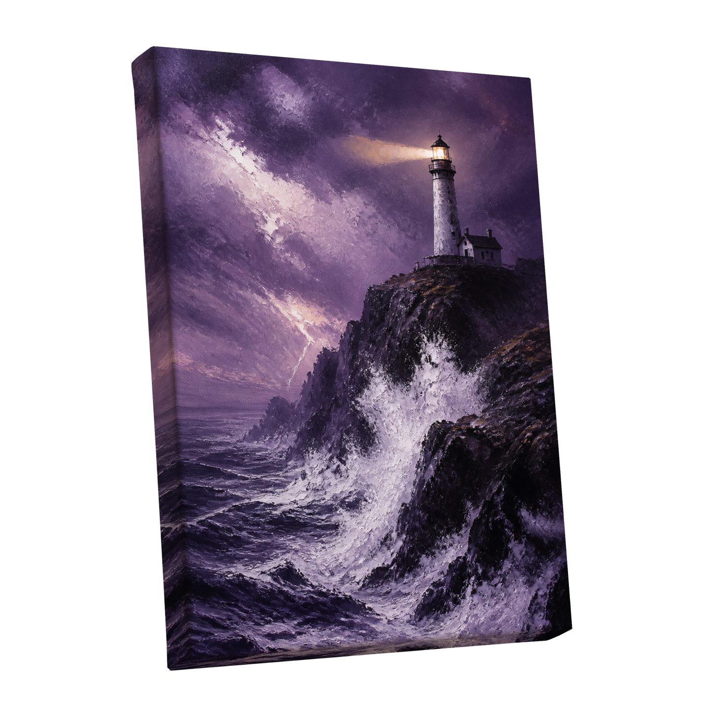 Beacon in the Violet Storm, purple, black, white nature wall art shown as a stretched canvas wall art