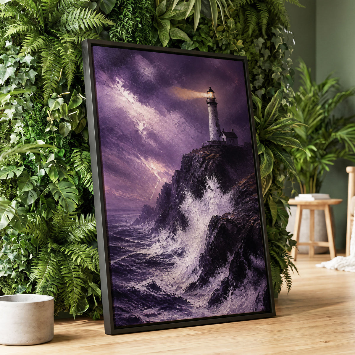 Beacon in the Violet Storm, purple, black, white nature wall art displayed in a styled interior, gallery view 1