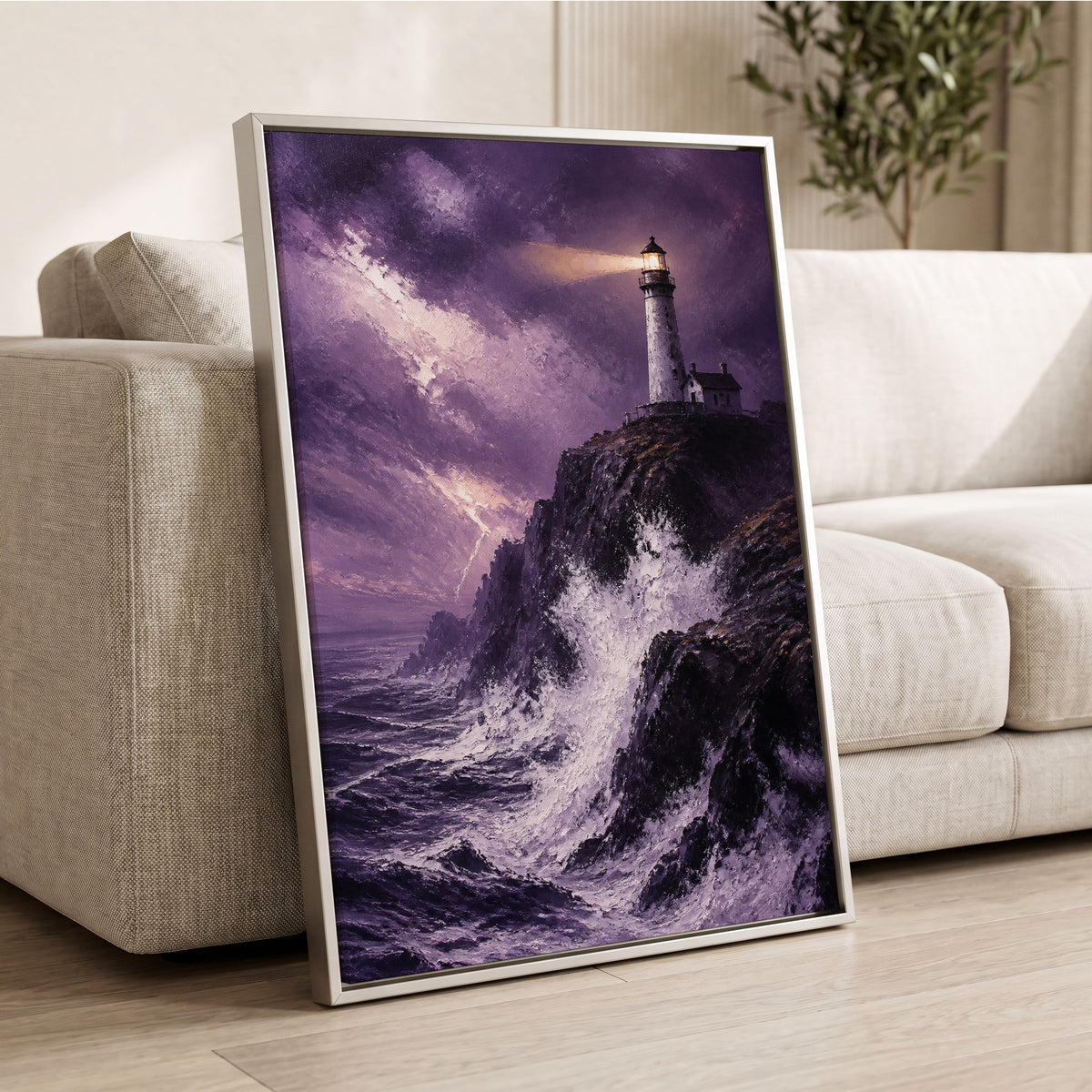 Beacon in the Violet Storm, purple, black, white nature wall art displayed in a styled interior, gallery view 2