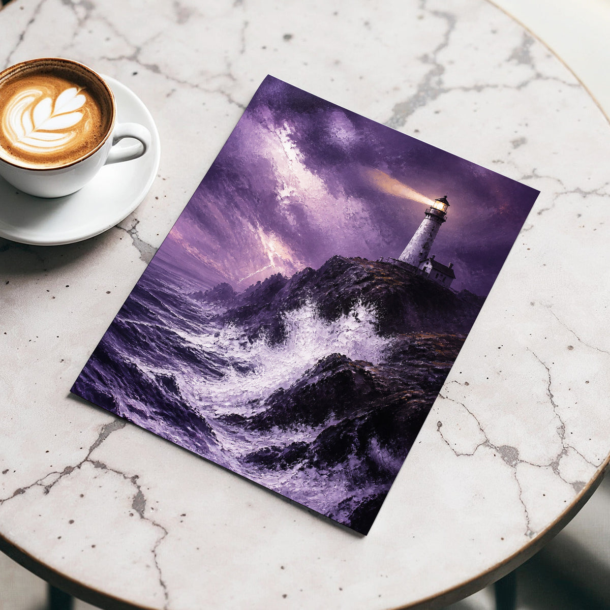 Beacon in the Violet Storm, purple, black, white nature wall art displayed in a styled interior, gallery view 3