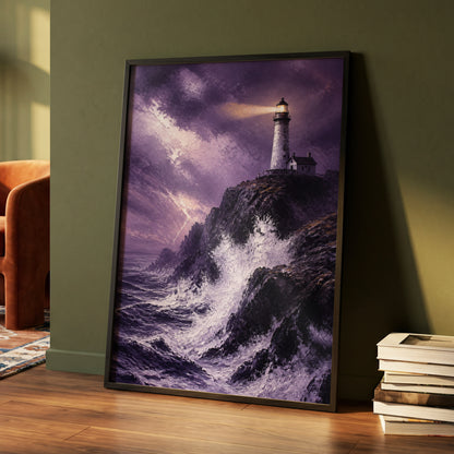 Beacon in the Violet Storm, purple, black, white nature wall art displayed in a styled interior, gallery view 4