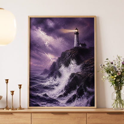 Beacon in the Violet Storm, purple, black, white nature wall art displayed in a styled interior, gallery view 5