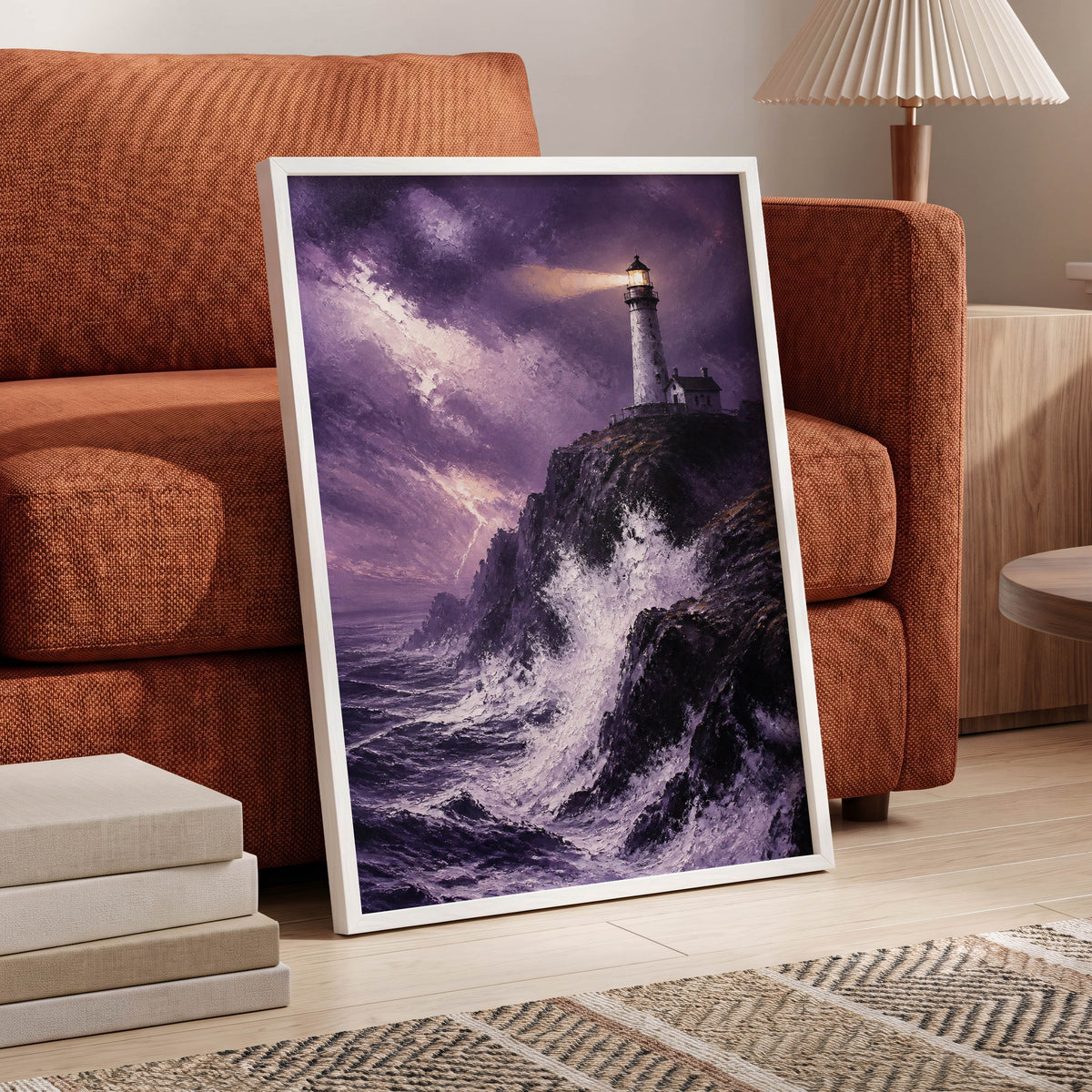 Beacon in the Violet Storm, purple, black, white nature wall art displayed in a styled interior, gallery view 6