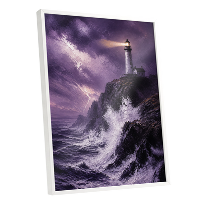 Beacon in the Violet Storm, purple, black, white nature wall art shown as a white framed poster wall art print