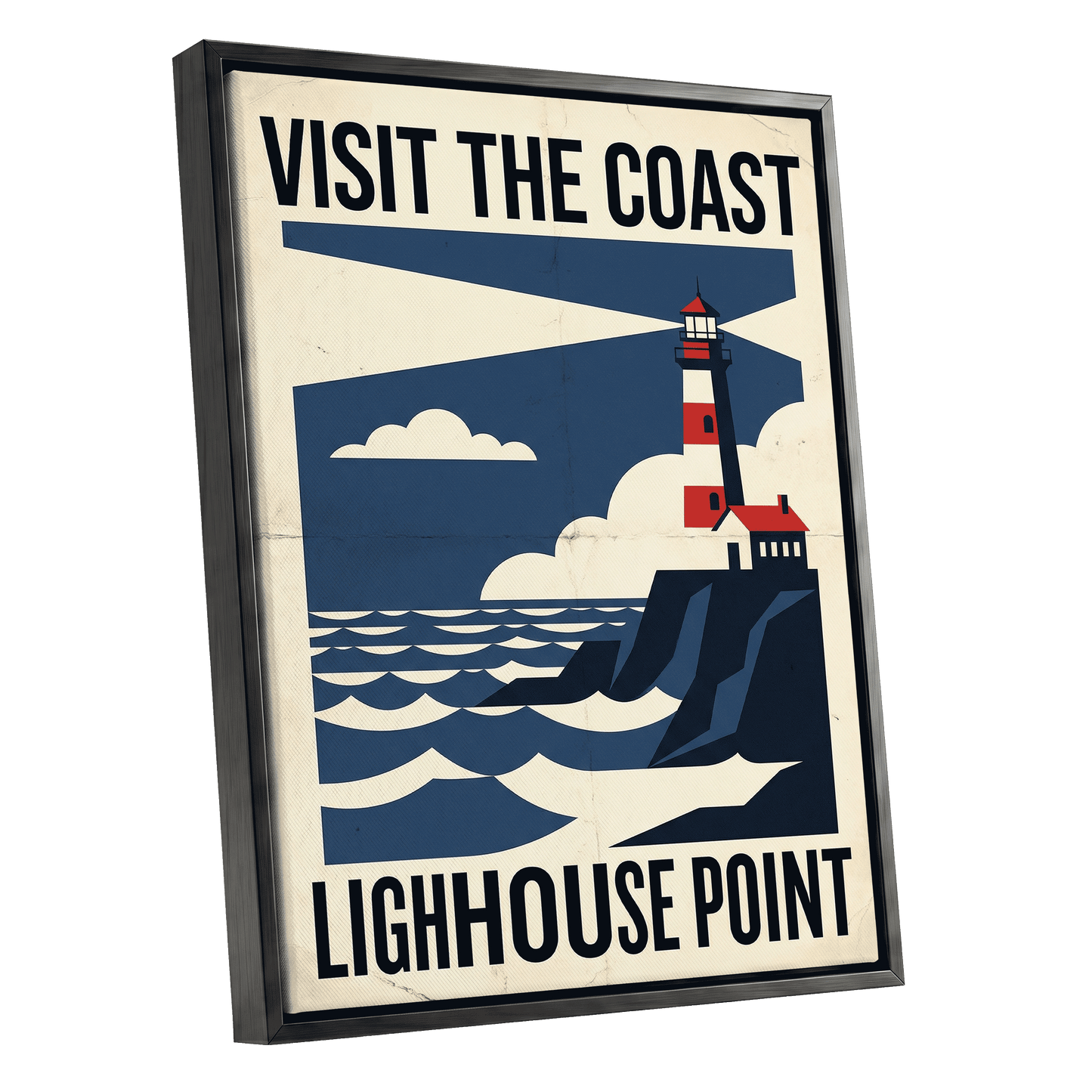 Beacon on the Blue Coast, blue, beige, red nature wall art shown as a black framed canvas wall art