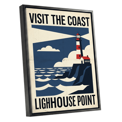 Beacon on the Blue Coast, blue, beige, red nature wall art shown as a black framed canvas wall art