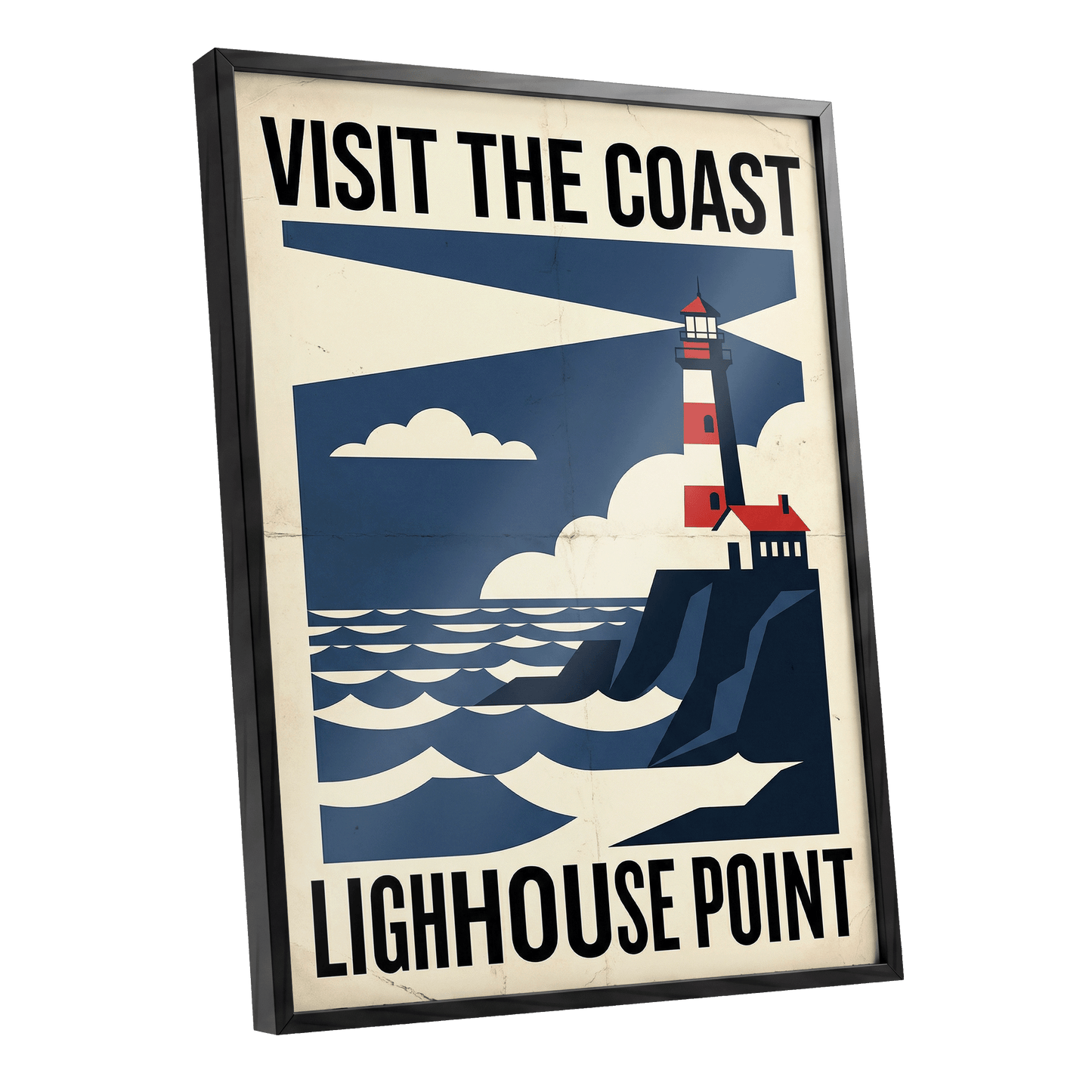 Beacon on the Blue Coast, blue, beige, red nature wall art shown as a black framed poster wall art print