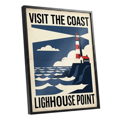 Beacon on the Blue Coast, blue, beige, red nature wall art shown as a black framed poster wall art print