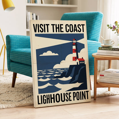 Beacon on the Blue Coast, blue, beige, red nature wall art on canvas displayed in a styled interior, gallery view 1