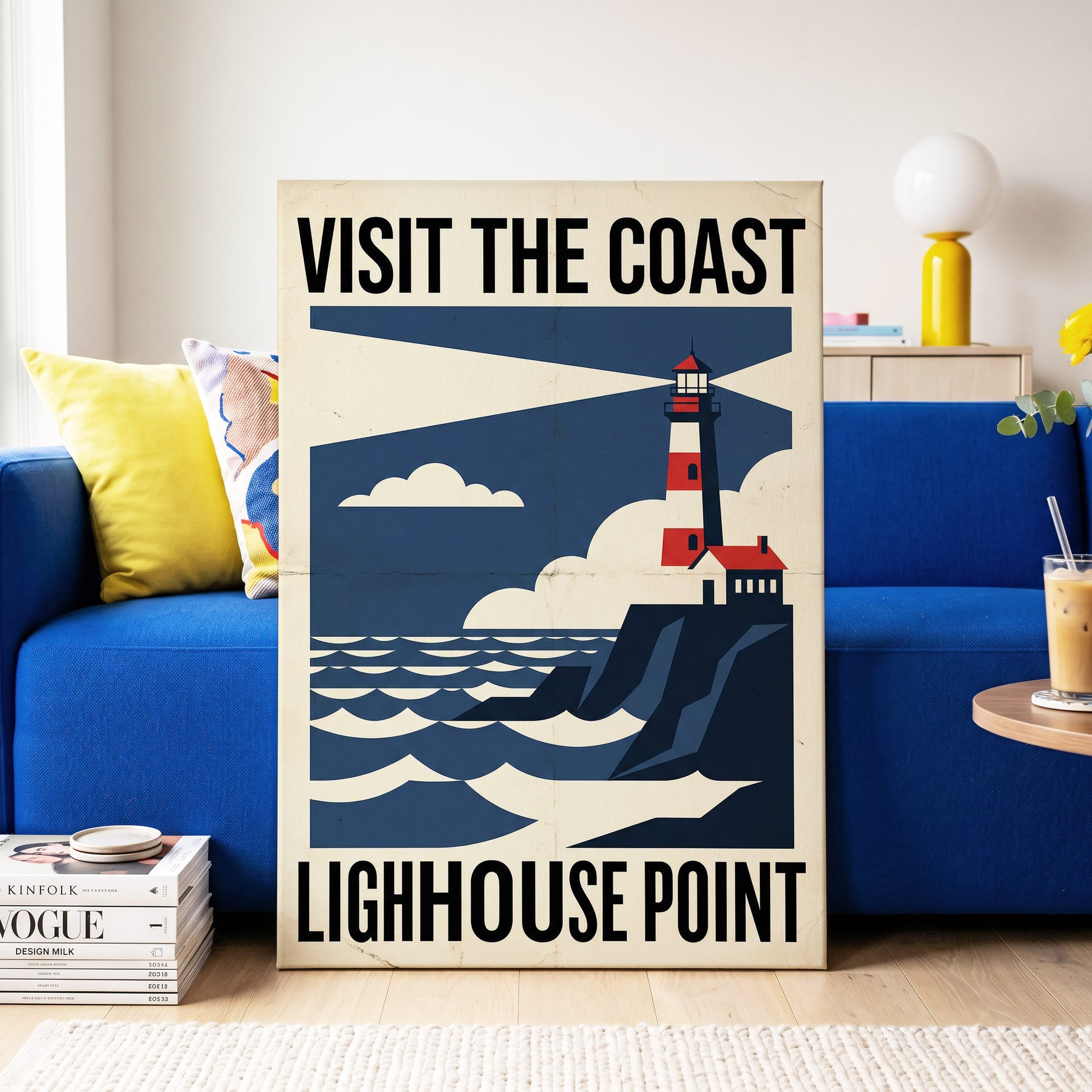 Beacon on the Blue Coast, blue, beige, red nature wall art on canvas displayed in a styled interior, gallery view 2