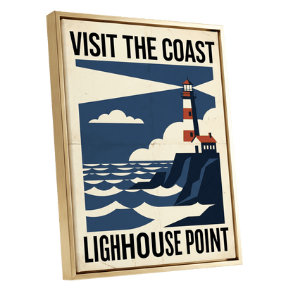 Beacon on the Blue Coast, blue, beige, red nature wall art shown as a gold framed canvas wall art