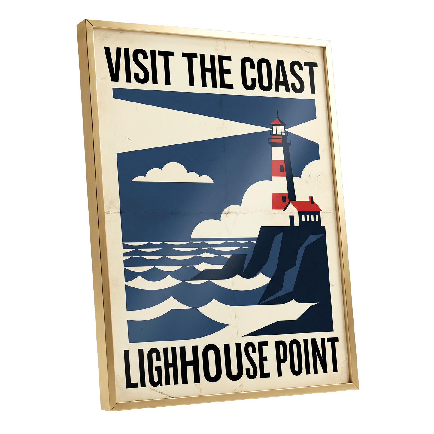 Beacon on the Blue Coast, blue, beige, red nature wall art shown as a gold framed poster wall art print