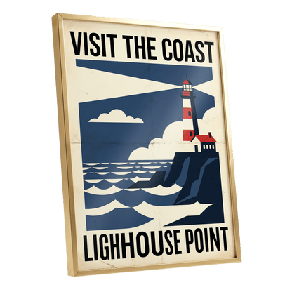 Beacon on the Blue Coast, blue, beige, red nature wall art shown as a gold framed poster wall art print