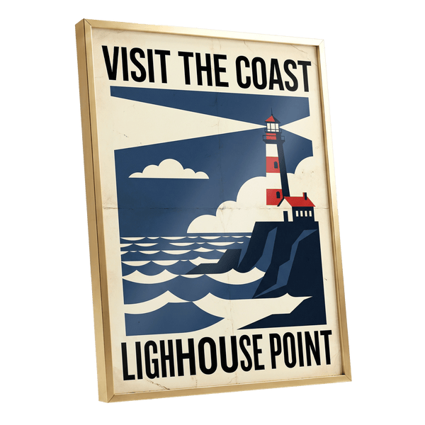 Beacon on the Blue Coast, blue, beige, red nature wall art shown as a gold framed poster wall art print
