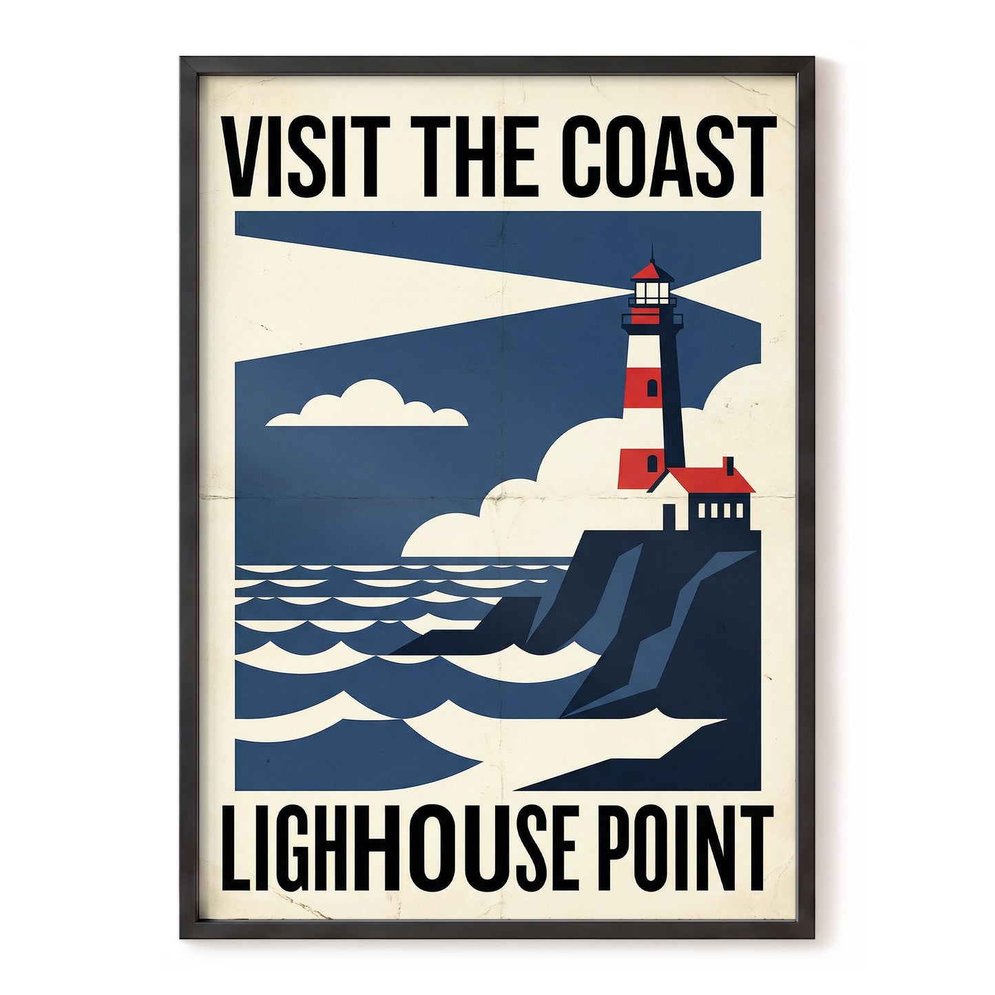 Beacon on the Blue Coast, blue, beige, red nature wall art, front artwork view