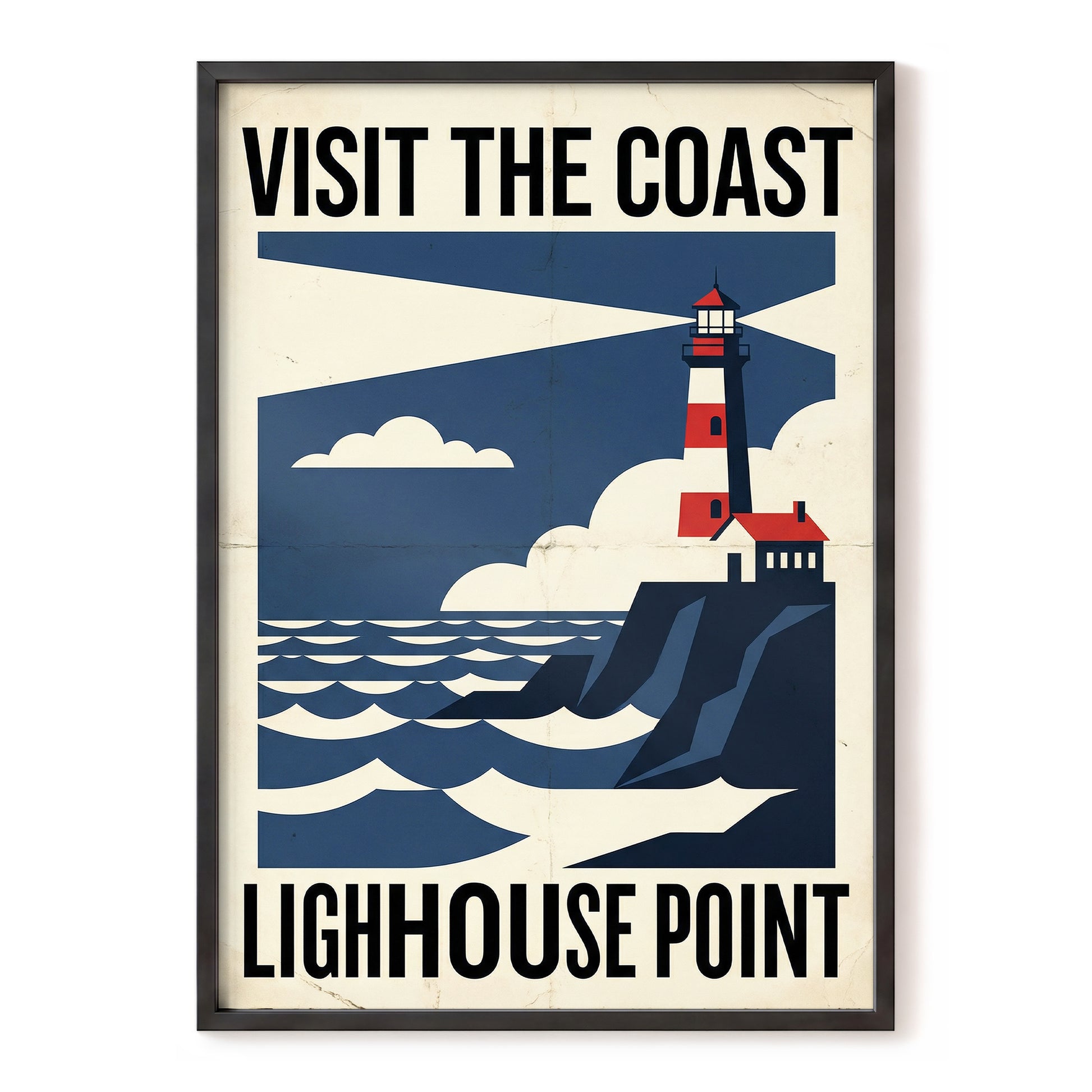 Beacon on the Blue Coast, blue, beige, red nature wall art, front artwork view