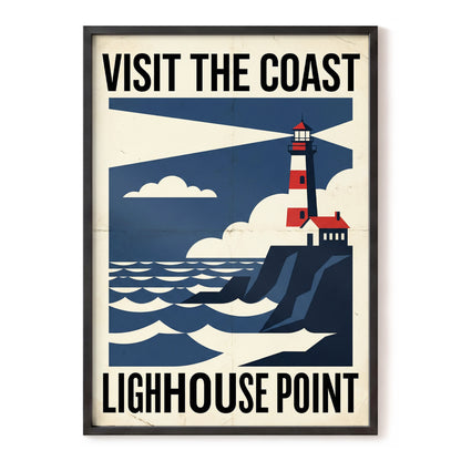 Beacon on the Blue Coast, blue, beige, red nature wall art, front artwork view