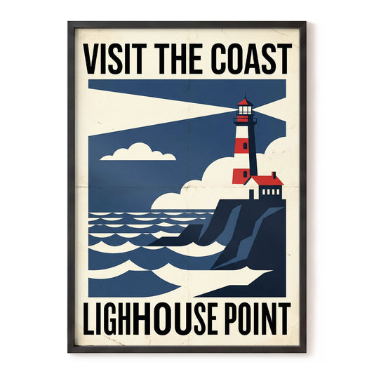 Beacon on the Blue Coast, blue, beige, red nature wall art, front artwork view