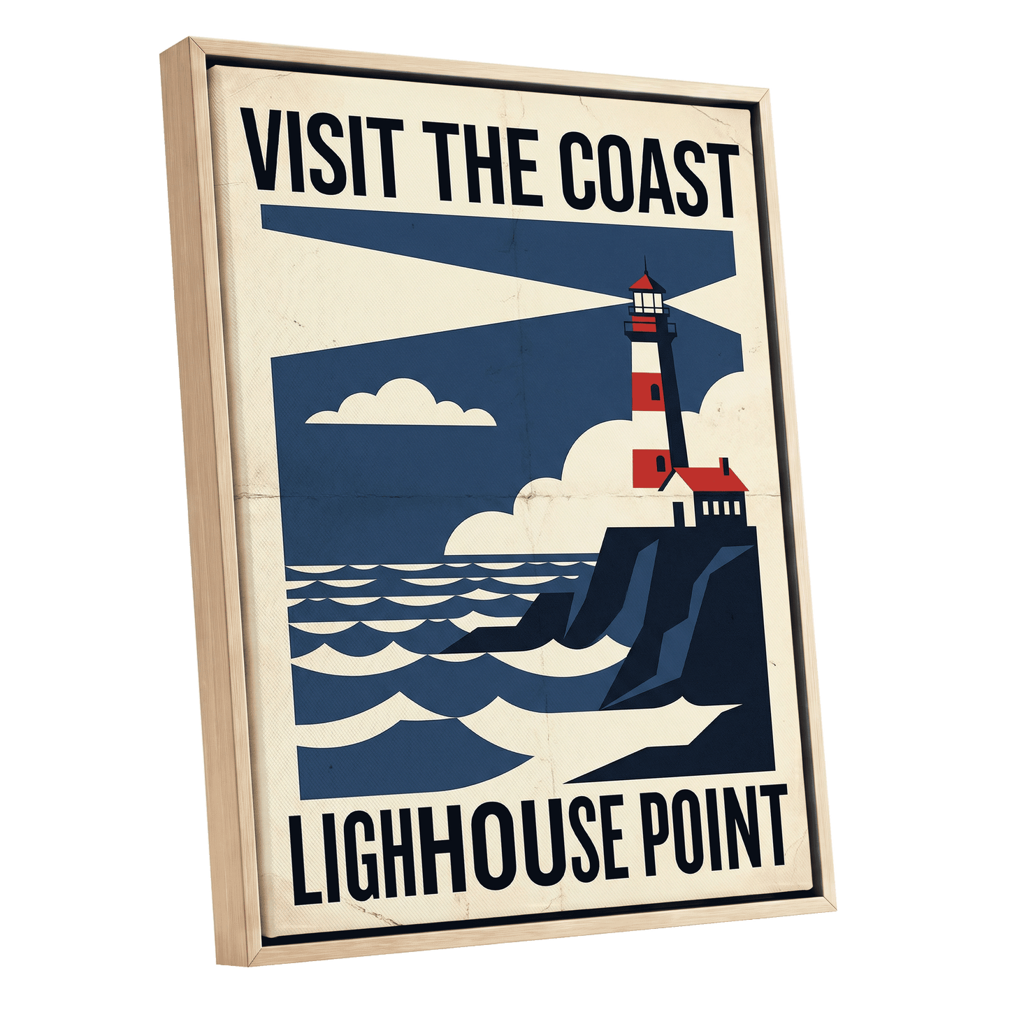 Beacon on the Blue Coast, blue, beige, red nature wall art shown as a oak framed canvas wall art