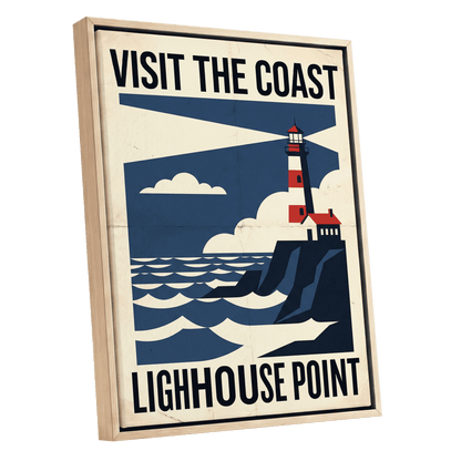 Beacon on the Blue Coast, blue, beige, red nature wall art shown as a oak framed canvas wall art