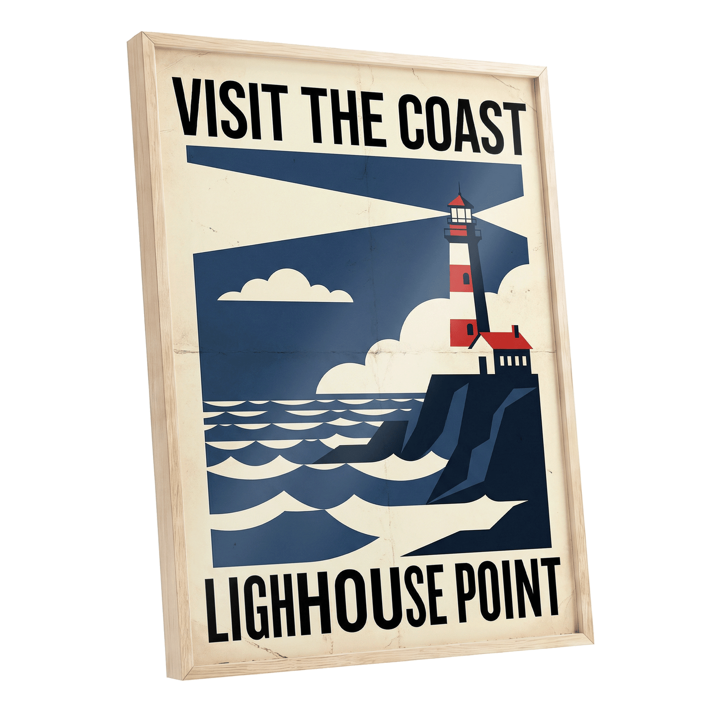 Beacon on the Blue Coast, blue, beige, red nature wall art shown as a oak framed poster wall art print