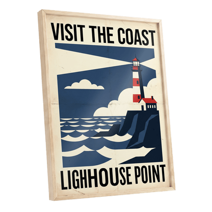 Beacon on the Blue Coast, blue, beige, red nature wall art shown as a oak framed poster wall art print