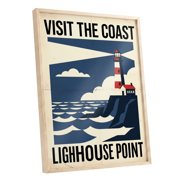 Beacon on the Blue Coast, blue, beige, red nature wall art shown as a oak framed poster wall art print