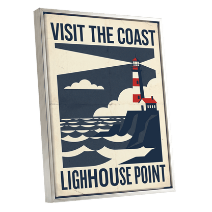 Beacon on the Blue Coast, blue, beige, red nature wall art shown as a silver framed canvas wall art