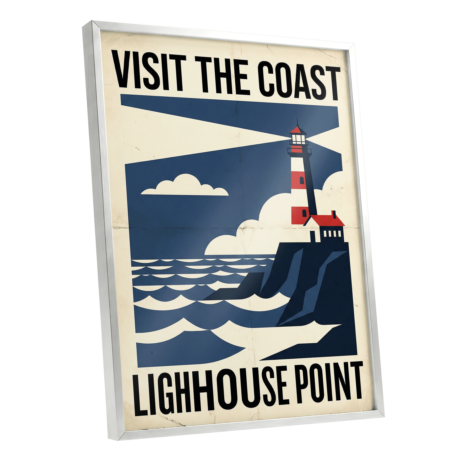 Beacon on the Blue Coast, blue, beige, red nature wall art shown as a silver framed poster wall art print