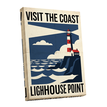 Beacon on the Blue Coast, blue, beige, red nature wall art shown as a stretched canvas wall art