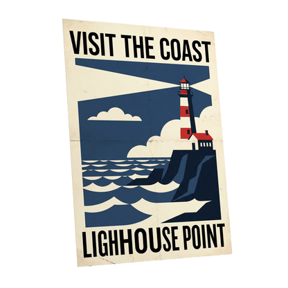 Beacon on the Blue Coast, blue, beige, red nature wall art shown as a unframed poster wall art print