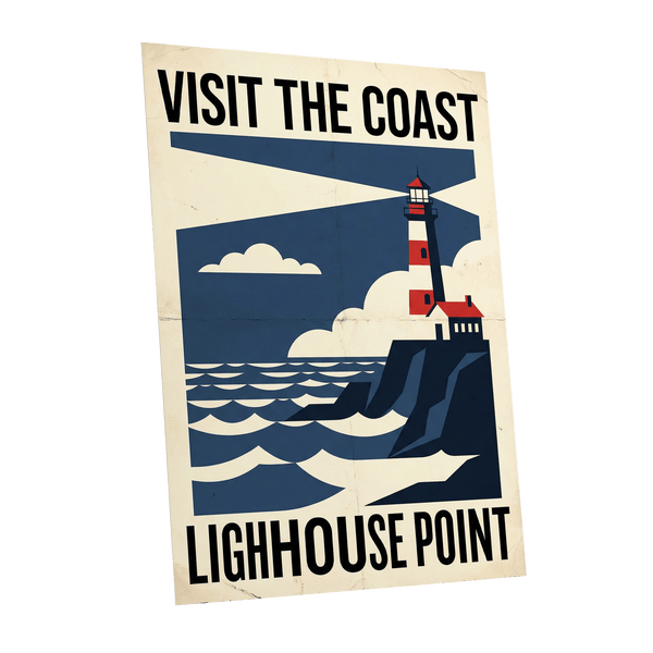Beacon on the Blue Coast, blue, beige, red nature wall art shown as a unframed poster wall art print