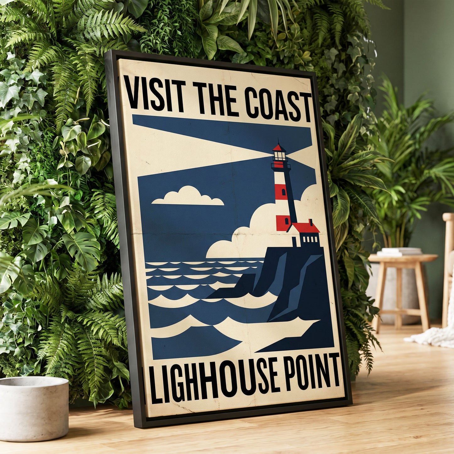 Beacon on the Blue Coast, blue, beige, red nature wall art displayed in a styled interior, gallery view 1