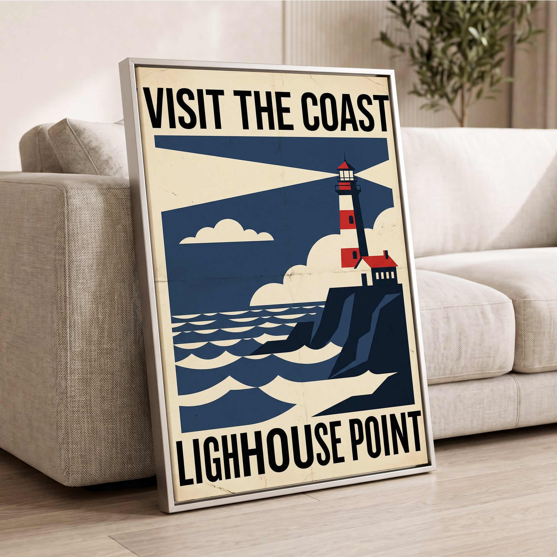 Beacon on the Blue Coast, blue, beige, red nature wall art displayed in a styled interior, gallery view 2